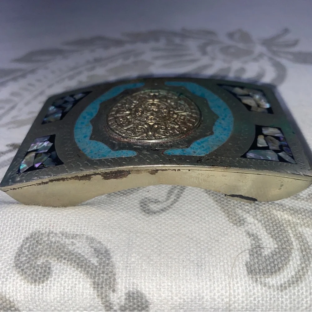 MEXICO ALPACA AZTEC CALENDAR SILVER MOTHER OF PEARL‎ BELT BUCKLE